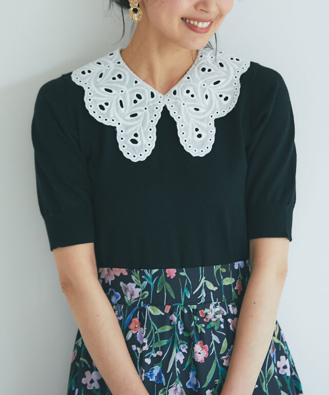 コットンレース衿ニットプルオーバー