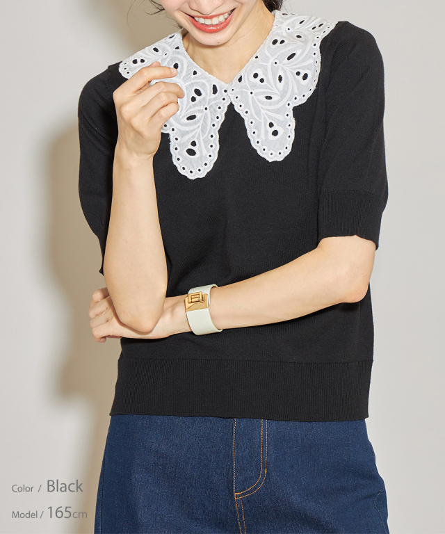 コットンレース衿ニットプルオーバー