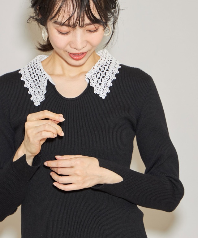 美品★ 麗　Rei レース　ウール100％ リブカットソー　黒 襟レースリブニット