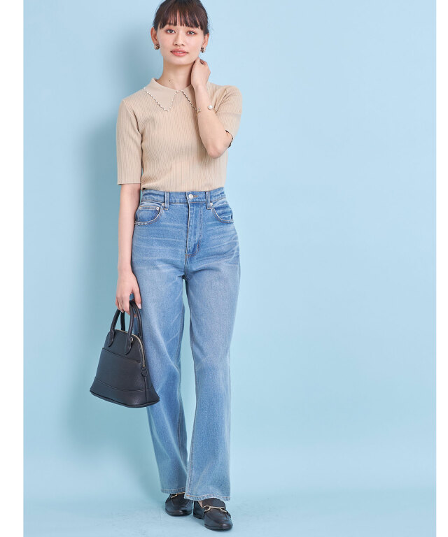 美品♡¥51,700♡Rene パールニットプルオーバー(モカ) パール衿リブニットプルオーバー