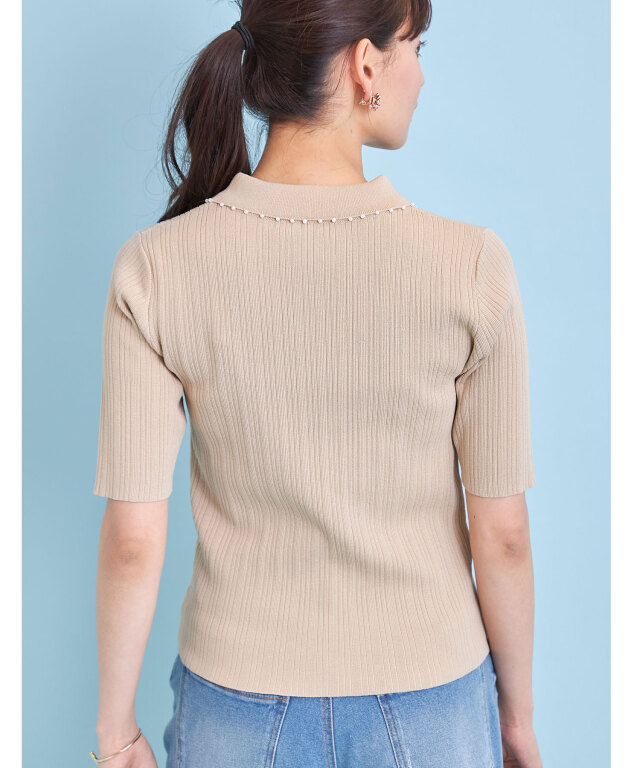 美品♡¥51,700♡Rene パールニットプルオーバー(モカ) パール衿リブニットプルオーバー