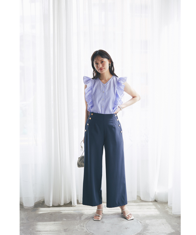 ストライプ袖フリルブラウス