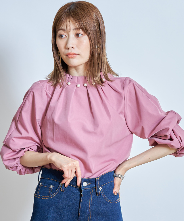 フォルテフォルテシルクハイネックブラウスピンク美品伊勢丹 パールネックブラウス