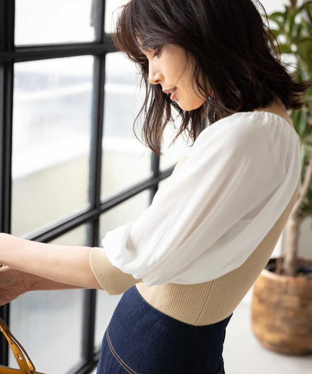 シアーパフスリーブ切替ニットプルオーバー