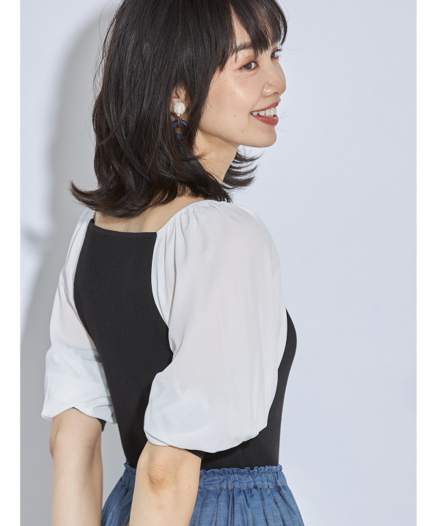 シアーパフスリーブ切替ニットプルオーバー