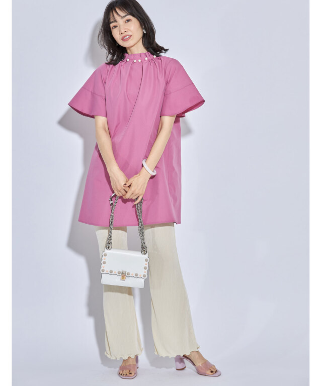 【数量限定】旧モデル在庫処分セールを開催します！ 冨張愛さん着用】パールネック半袖チュニック トップス