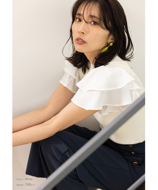 新品　深田恭子着用FRAY I.D ボートネックフリルコンビプルオーバー ボートネックアイレットリブプルオーバー｜FRAY I.D フレイ
