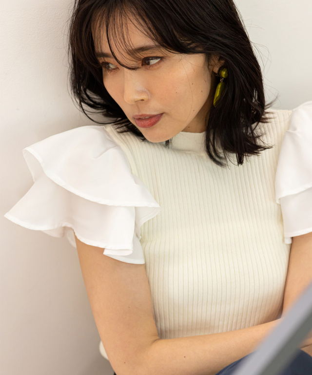 新品　深田恭子着用FRAY I.D ボートネックフリルコンビプルオーバー フリルネック ニットプルオーバー レディース(M 杢グレー): 東京