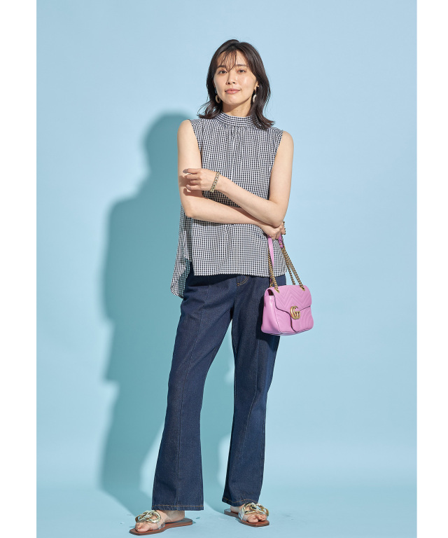 313ワンダフルワールドのの茶色のチェックのノースリーブブラウス GLOBAL WORK ブラウス シャツ チェックフリルブラウス