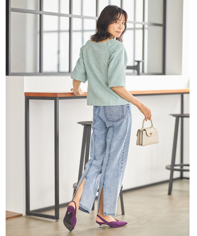 【洗える】デニムガーゼ バックスリットシャツ バックスリットデニムパンツ