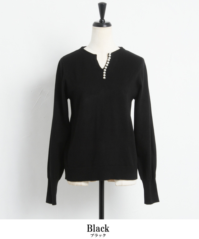 パールボタンキーネックニットプルオーバー