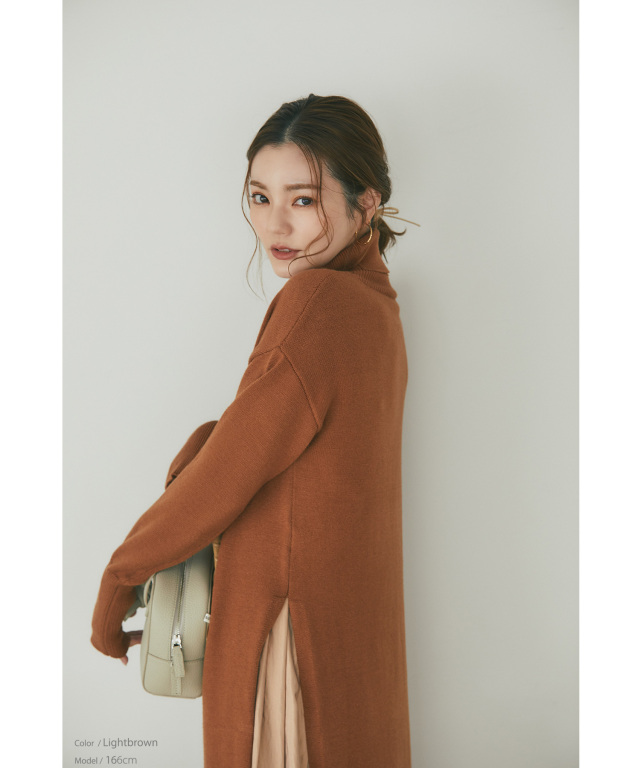 秋冬新作 スリット タートル ロング ニットワンピース 藤井明子さんコラボ】タートルネックロングスリットニットワンピース