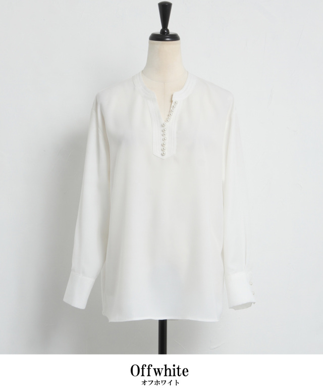 パールキーネックブラウス ブラウス シャツ パール付きキーネックブラウス レディース : ZOZOTOWN