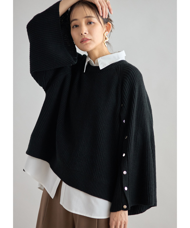 レイヤードボタンスリーブニットプルオーバー