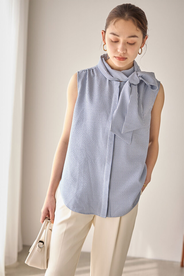 CPGGOLF リボンタイ付きノースリーブシャツ ベージュ CPGGOLF リボンタイ付きノースリーブシャツ ベージュ