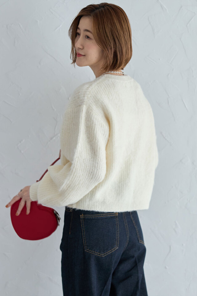 ウール混起毛クルーネックパールカーディガン