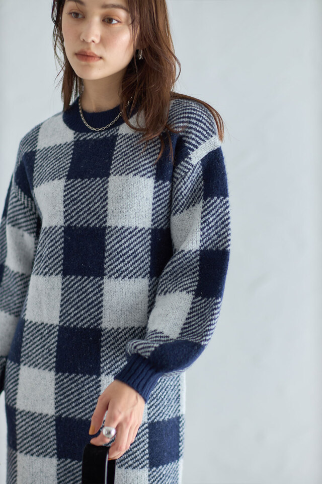 ブロックチェック起毛ニットワンピ