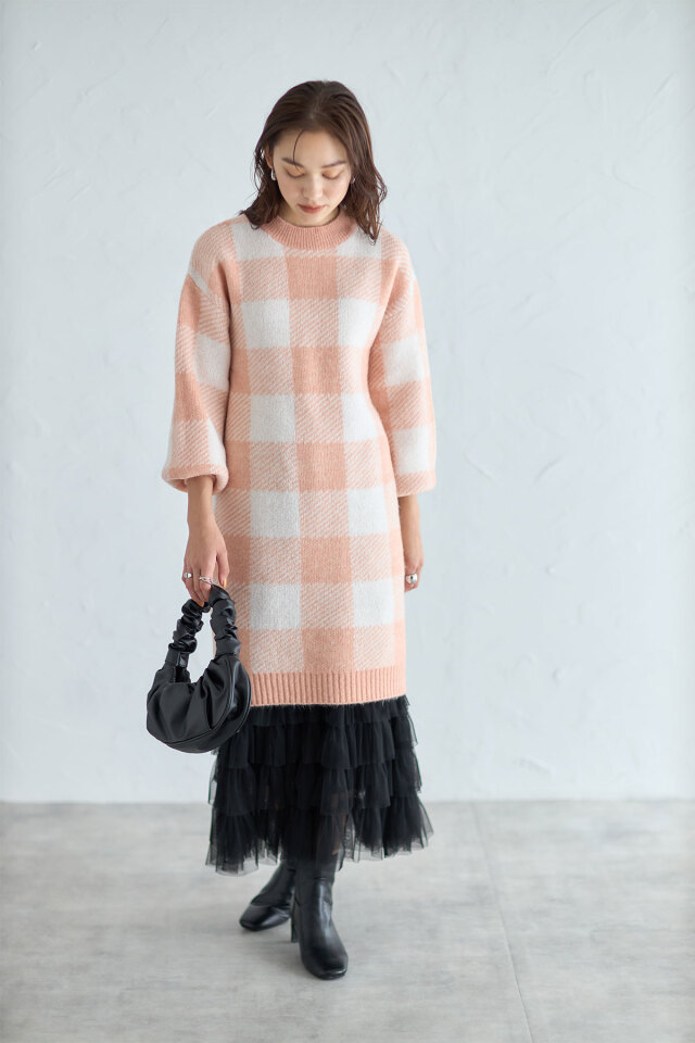 ブロックチェック起毛ニットワンピ