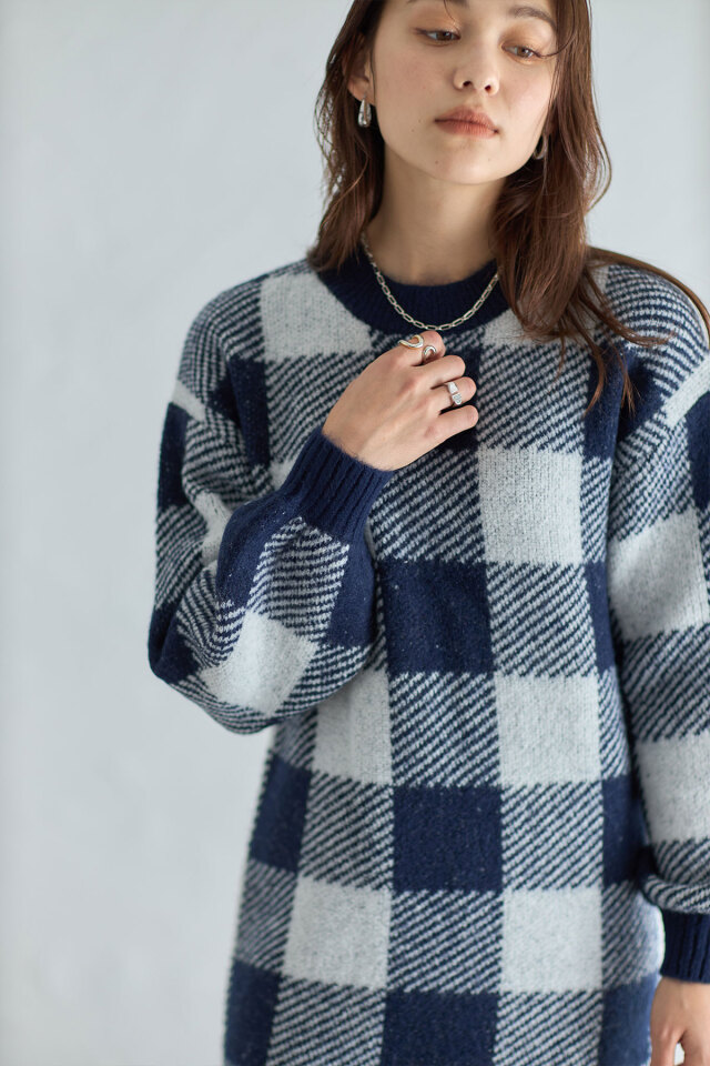 ブロックチェック起毛ニットワンピ