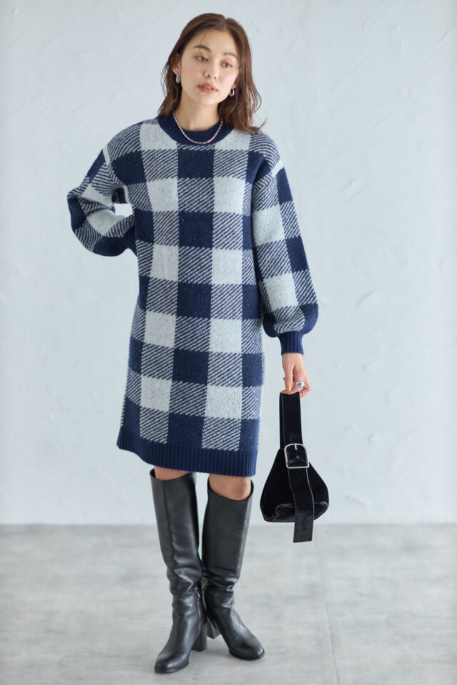 ブロックチェック起毛ニットワンピ