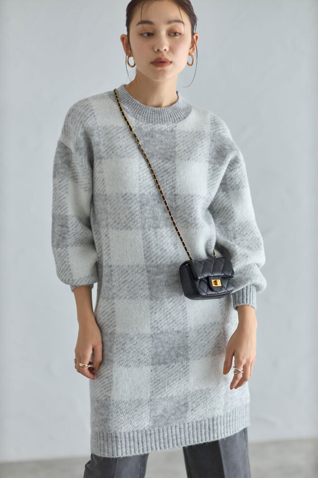 ブロックチェック起毛ニットワンピ