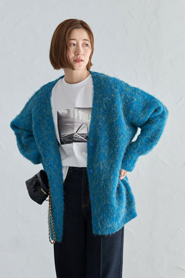 起毛カラーミックスロングカーディガン