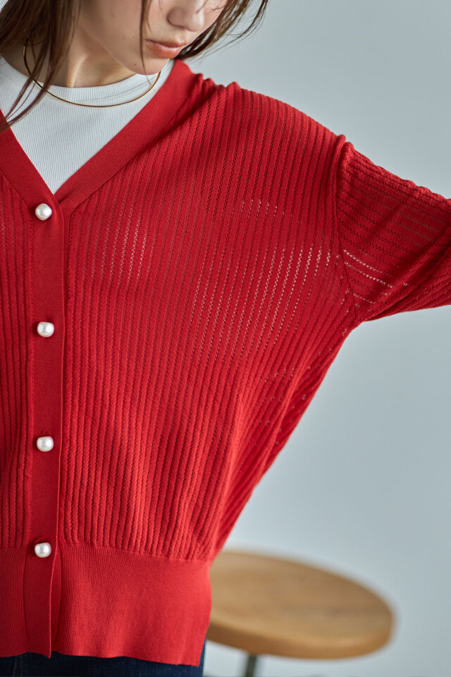 メッシュ編みVネックカーデ