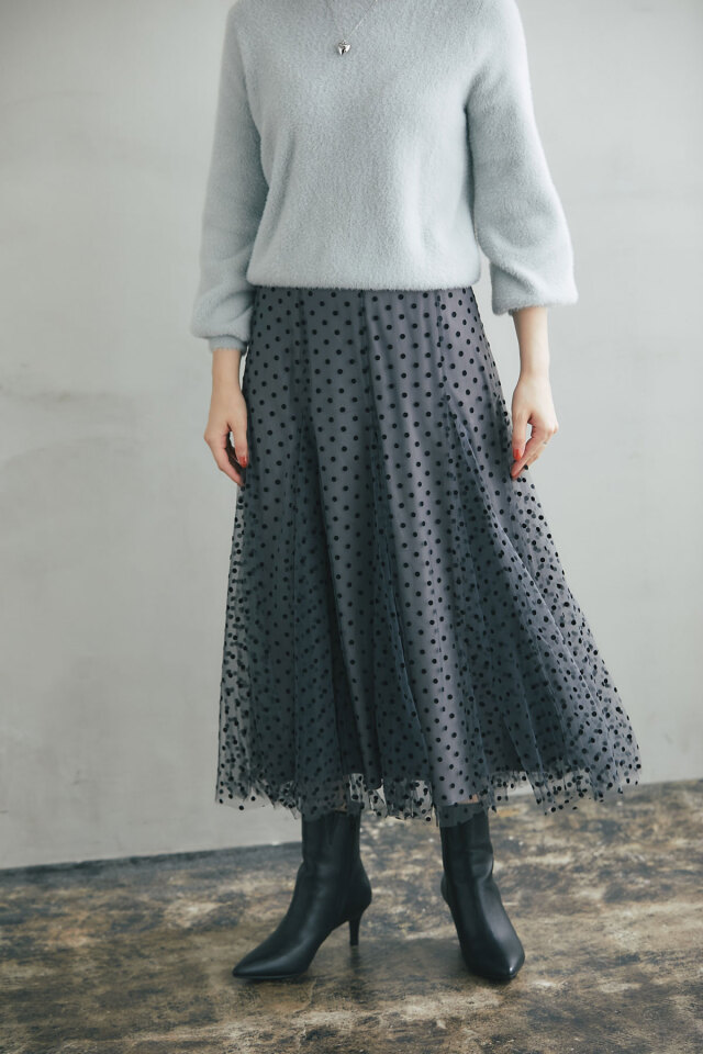 フロッキードットチュールスカート 