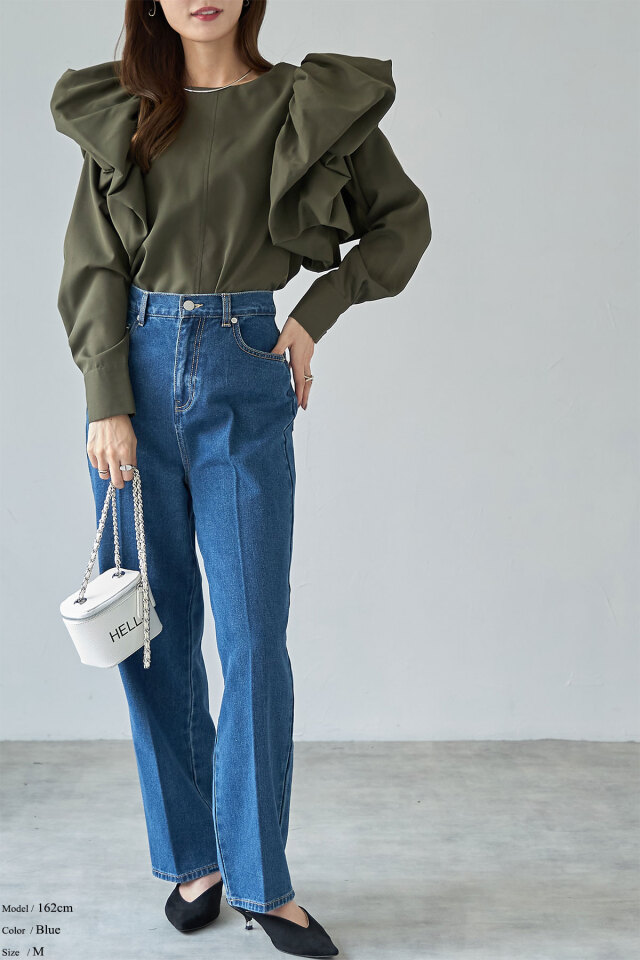 センタープレスストレートデニムパンツ