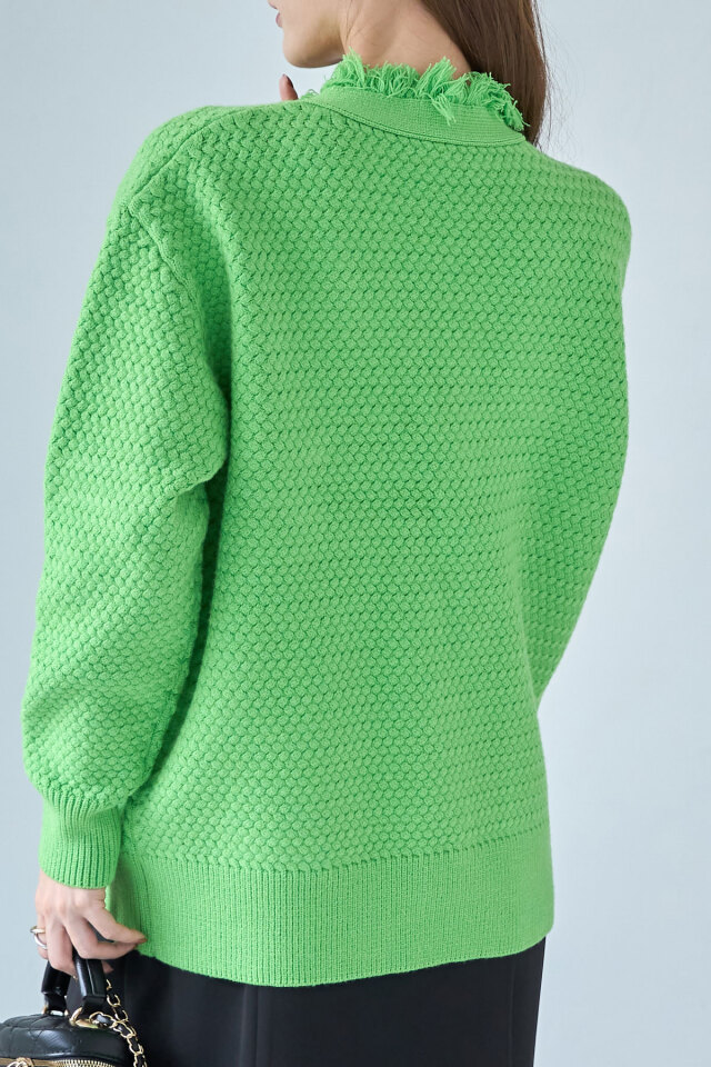 ツイードライクフリンジVネックカーデ