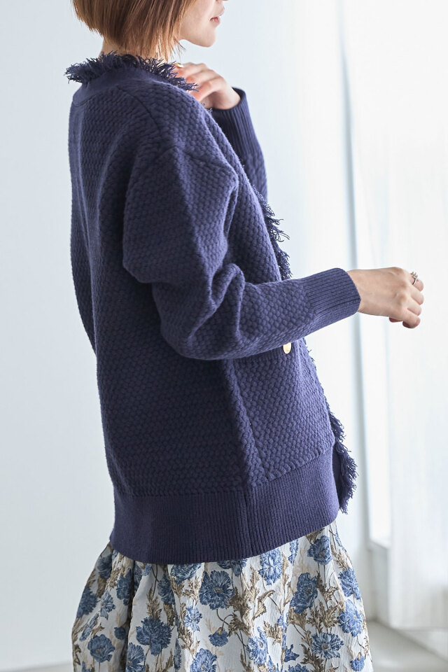 人気完売品 LOEFF フリンジVネックカーディガン ネイビー n.o.f.l/ブルーノートVネックカーディガン -ロングシーズン活躍する