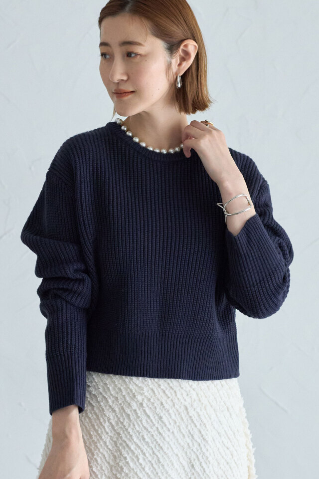 未使用品2022AW ボーダーズアットバルコニー　ウール　プルオーバー　ネイビー yukoさんコラボ】パールネックバルキーニットプルオーバー