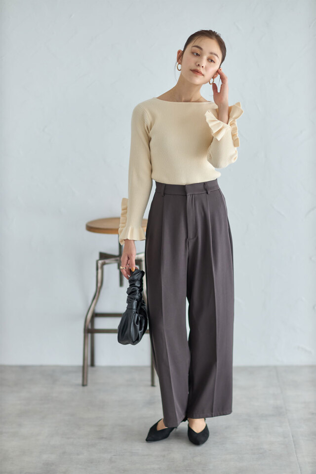 袖口フリルリブプルオーバー