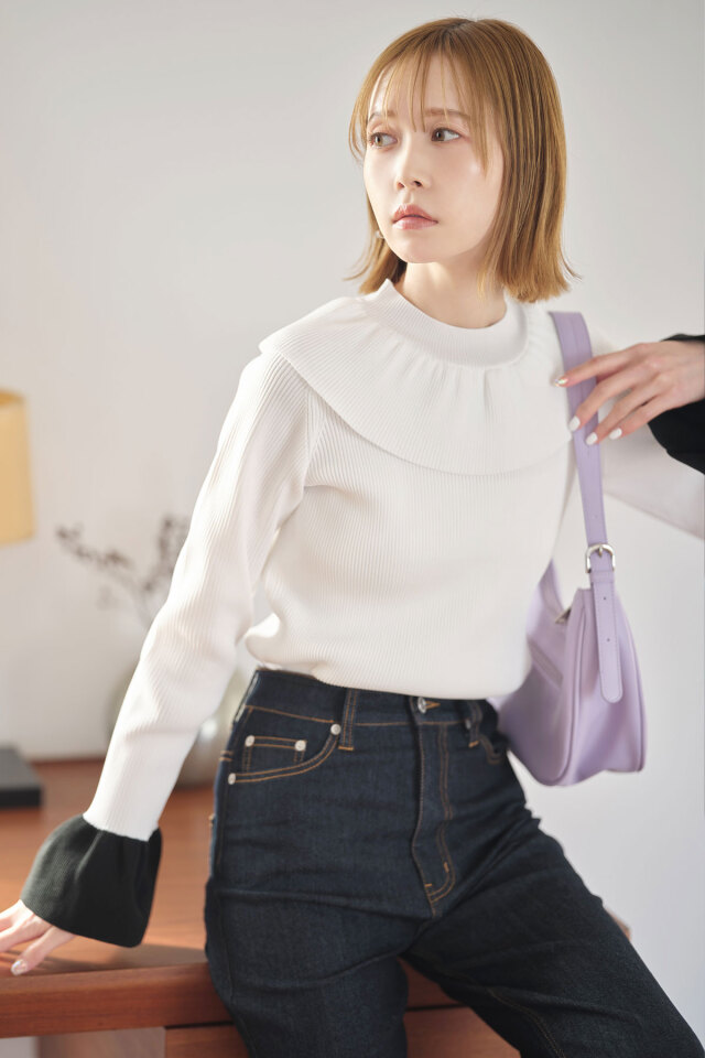 【SALE】フリルネックベルスリーブニットプルオーバー＊SALE品につき返品/交換/注文確定後の変更キャンセル不可＊