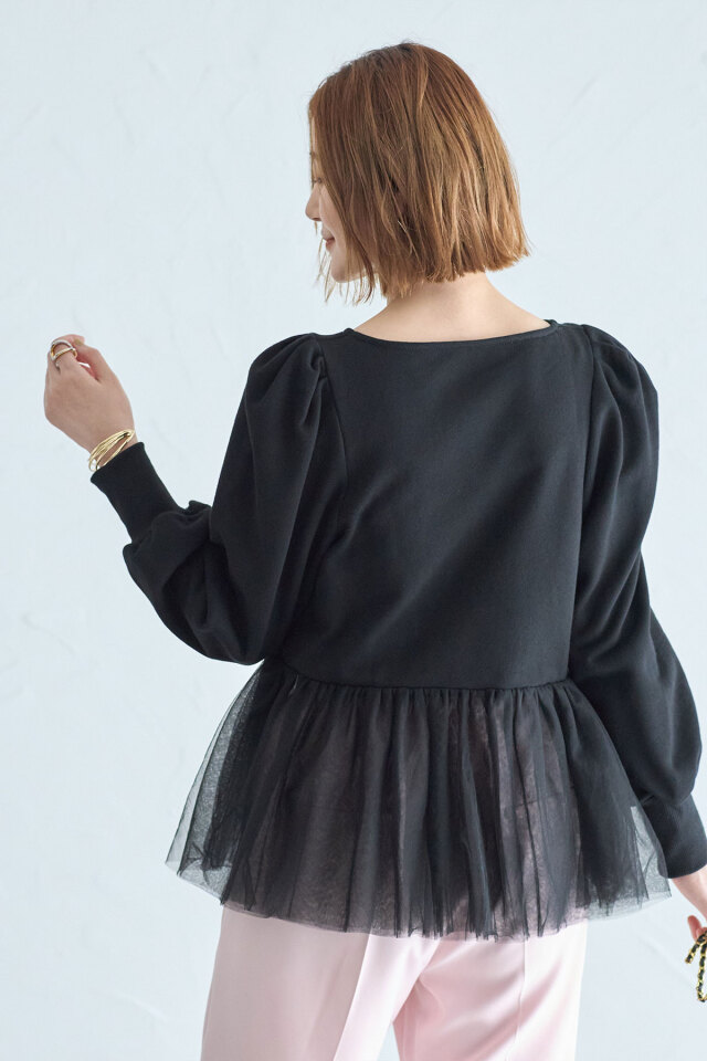 希少☆裏毛 ヘムフリル プルオーバー 完売品 ネイビー 丸山真菜さん着用】ヘムチュール裏毛ペプラムプルオーバー