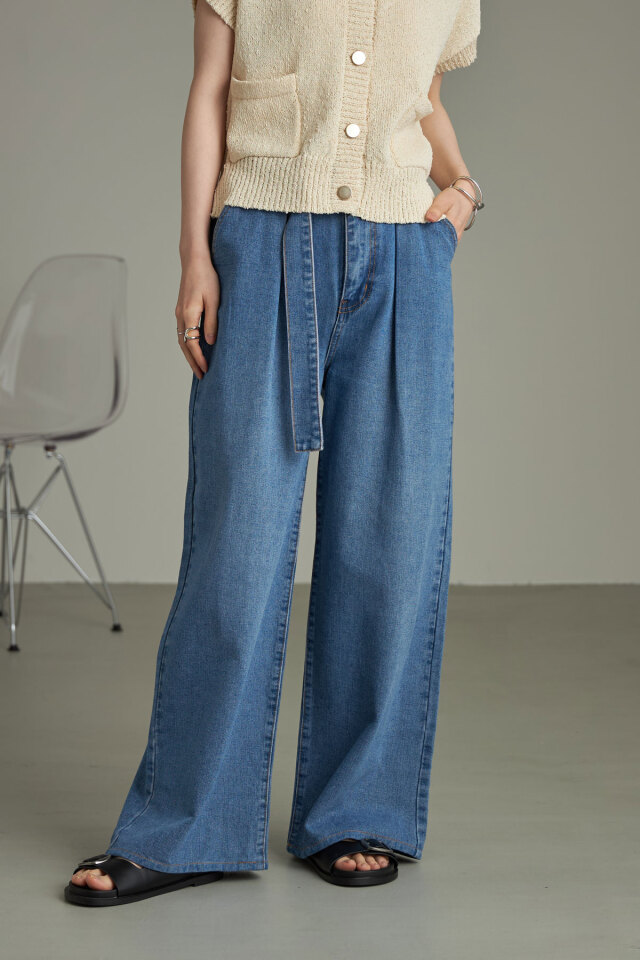 ベルト付きウエストタックバギーデニム