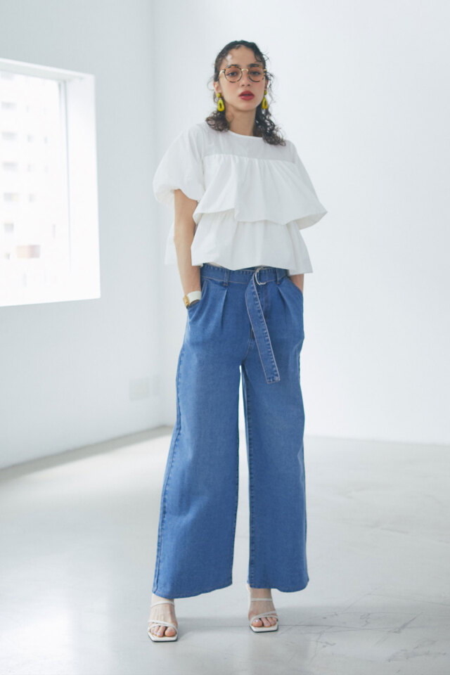 ベルト付きウエストタックバギーデニム