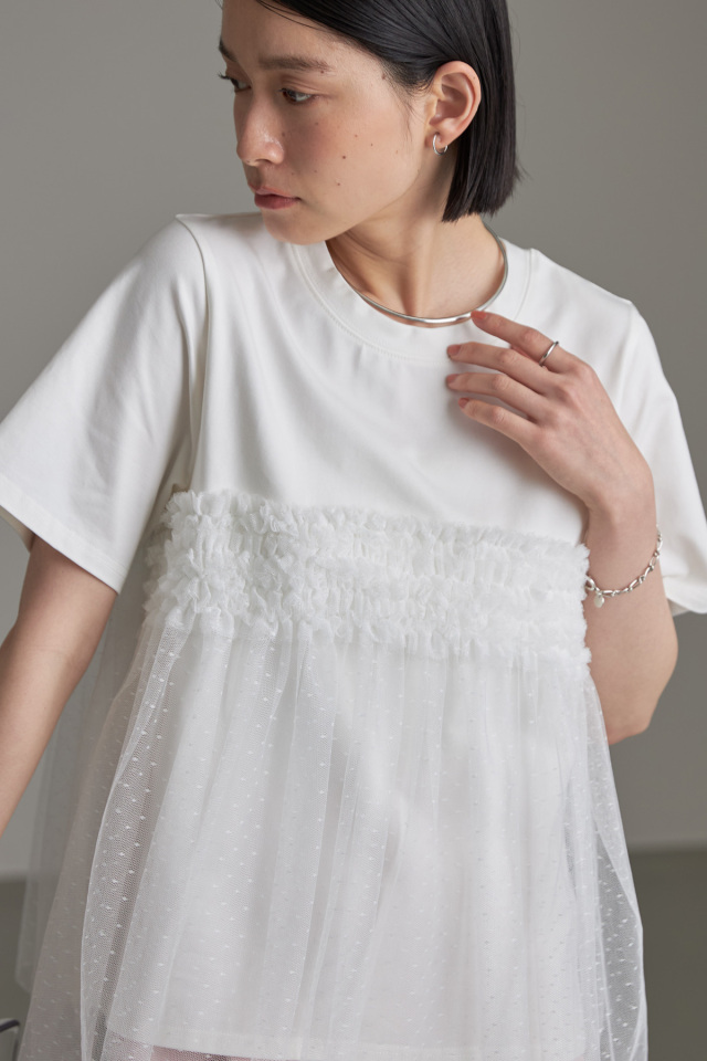 AD2019 20SS ギャザーフレアチュールTシャツ トップス 白 セール☆1490円→990円 切り替えギャザーフレアトップス