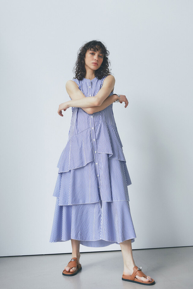 ストライプフリルノースリーブシャツワンピース 