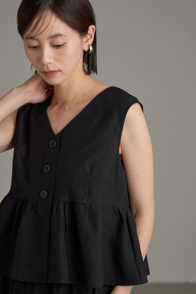 NOTREemor フリル付きブラックノースリーブセットアップワンピース ラウンドフリルネックワンピース