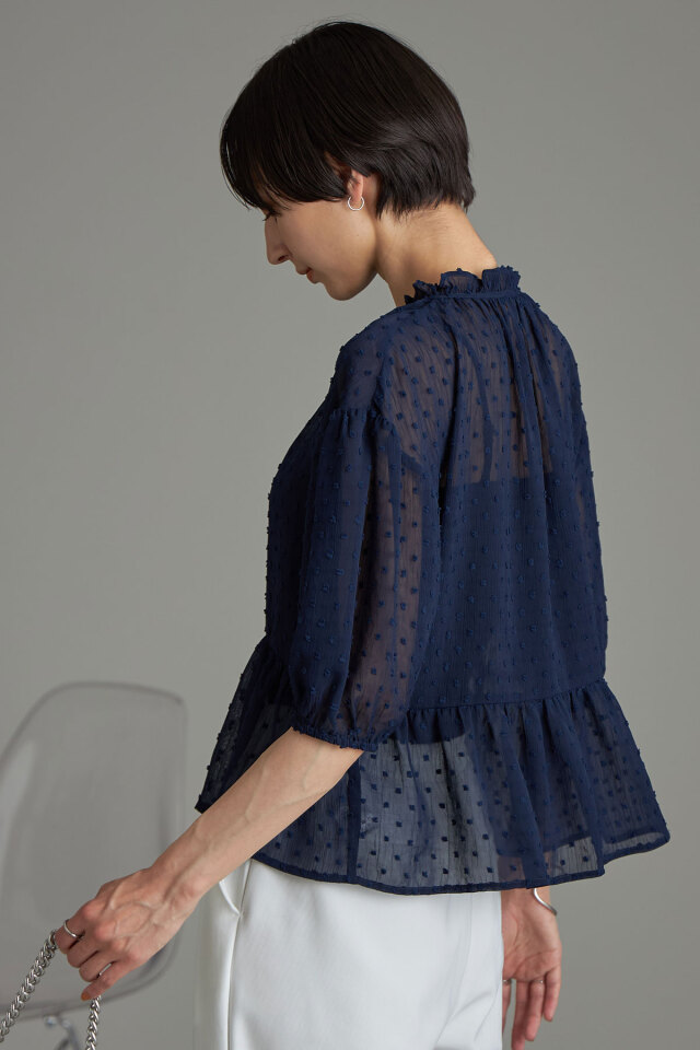 ドビー楊柳ペプラムリボンブラウス