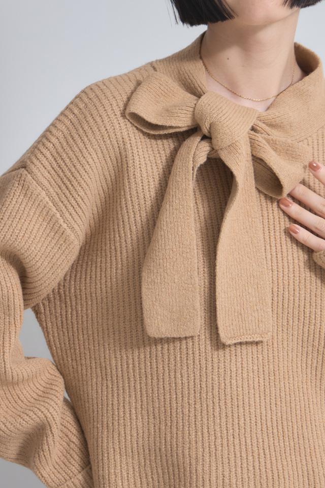 ボウタイリボン畦ニットプルオーバー