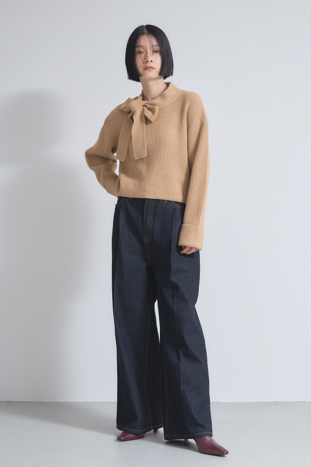 ボウタイリボン畦ニットプルオーバー