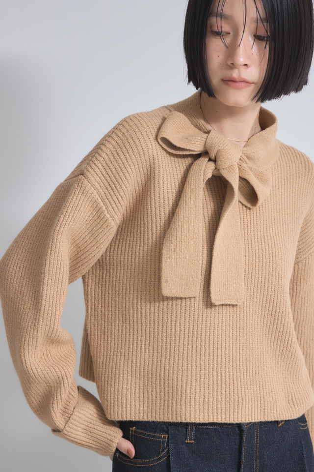 ボウタイリボン畦ニットプルオーバー