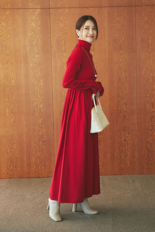 マシェリコラボ】袖口フリルハイネックニットワンピース