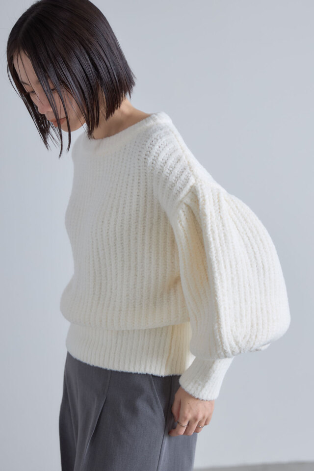 ボリュームスリーブ片畦ニットプルオーバー
