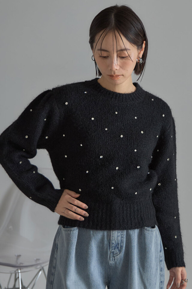 ひいもす ランダムビジュー起毛ニットプルオーバー