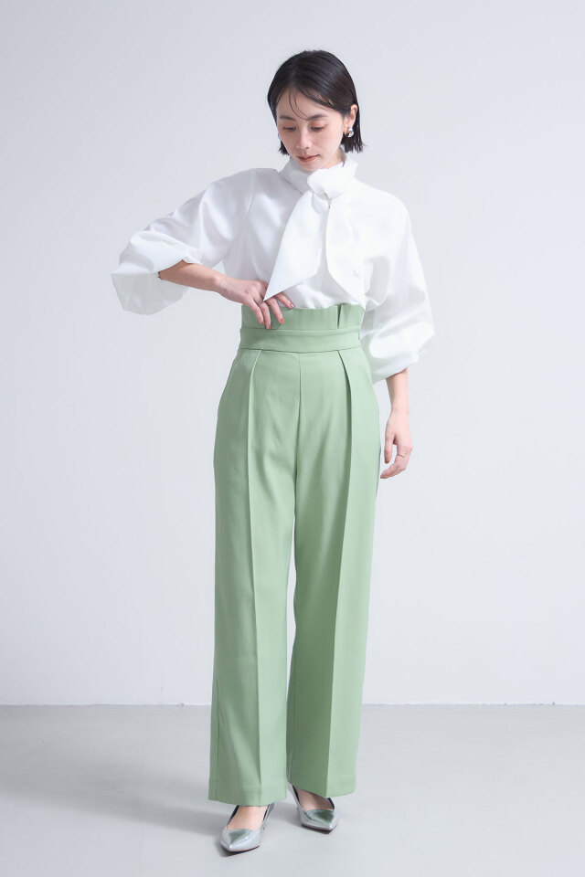PLEATS PLEASE パステルグリーン ストレートパンツ ウエストタックフリルストレートパンツ