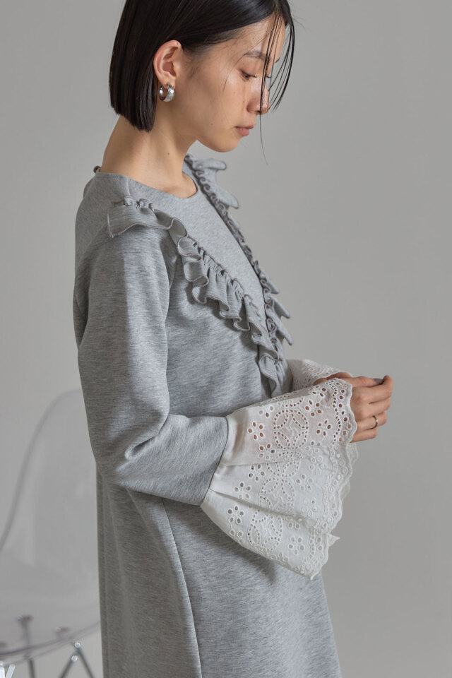 袖口レースボンディングワンピース