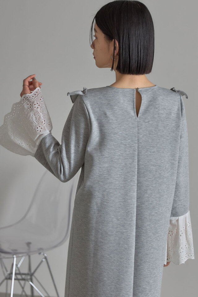 フォクシー 長袖 Dress Sleeves 袖リボン ワンピース グレー 38